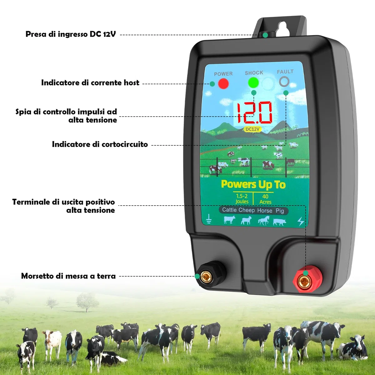 10KM Recinto Elettrico per Animali, Potente Elettrificatore per Recinzione Elettrica da 2 J con display LCD, Recinzione Elettrica Impermeabile IP44 ad Alta Potenza per Fattoria, Giardino, Pascolo