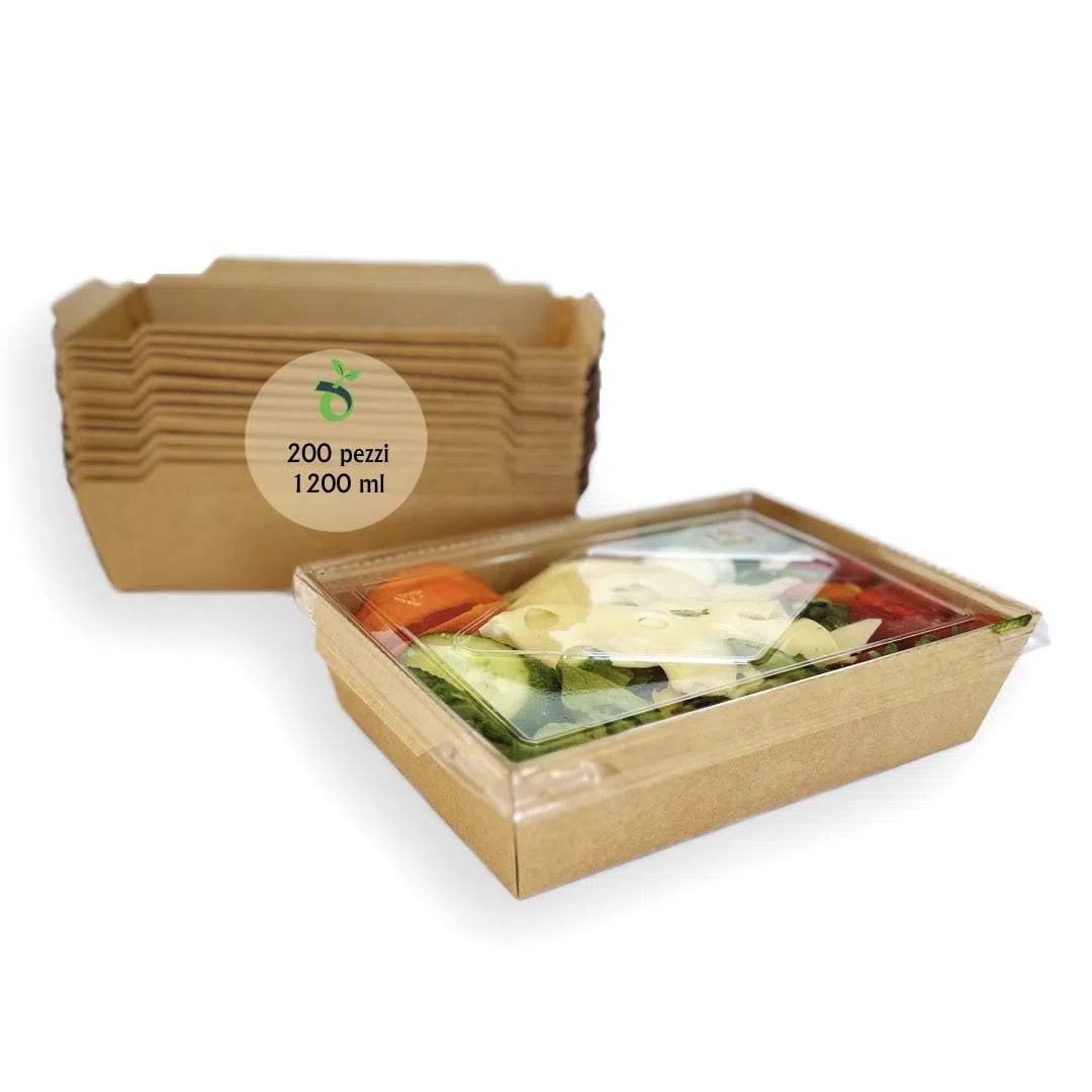 Lanchbox in Carta Kraft con Coperchio Trasparente 1200 ml - Confezione da 200 Pezzi | Scatole per Alimenti da Asporto, Contenitori Monouso per Cibo, Scatole Ecologiche