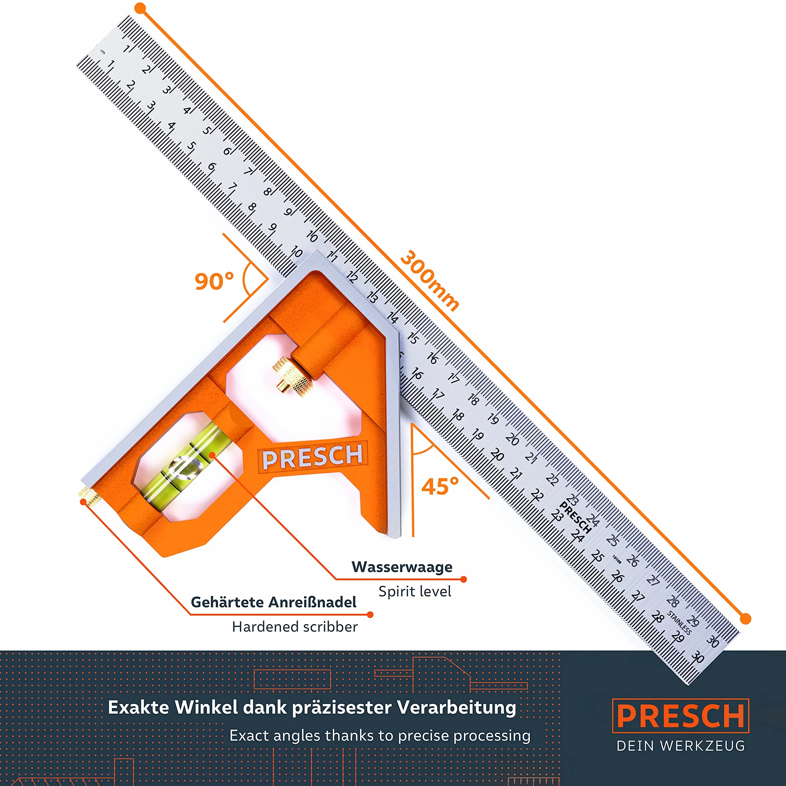 Presch Squadra Combinata 300mm - Metrica - Squadra Universale da Falegname Precisa e Maneggevole, in Metallo, con Riga di Riscontro e Tracciatore - Strumento di Misura Professionale