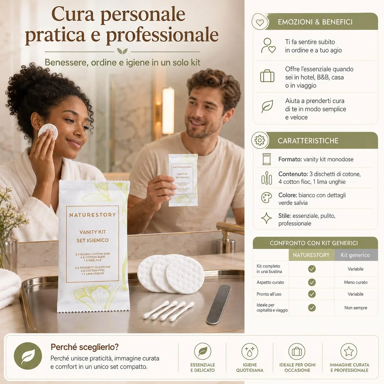 50 Vanity Kit Monouso Ospiti Hotel B&B – Set Cortesia con Dischetti Struccanti, Cotton Fioc e Lima Unghie – Kit Igiene Personale Sigillato, Elegante e Pronto all’Uso per Spa e Case Vacanza