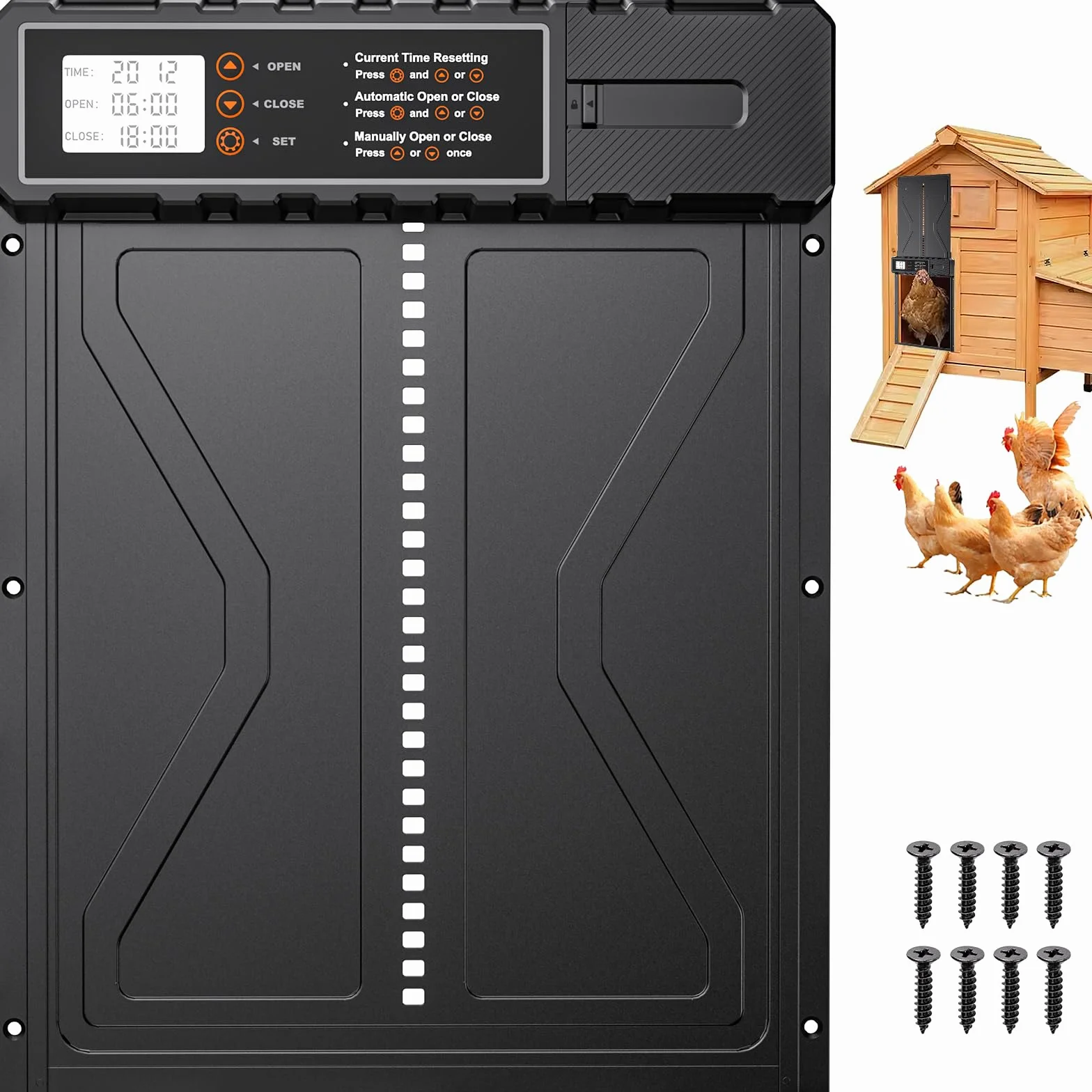 Rsaoty Porta Pollaio Automatico con Display - Alimentato a Batteria, Controllo Timer, Funzione Anti-Pizzico