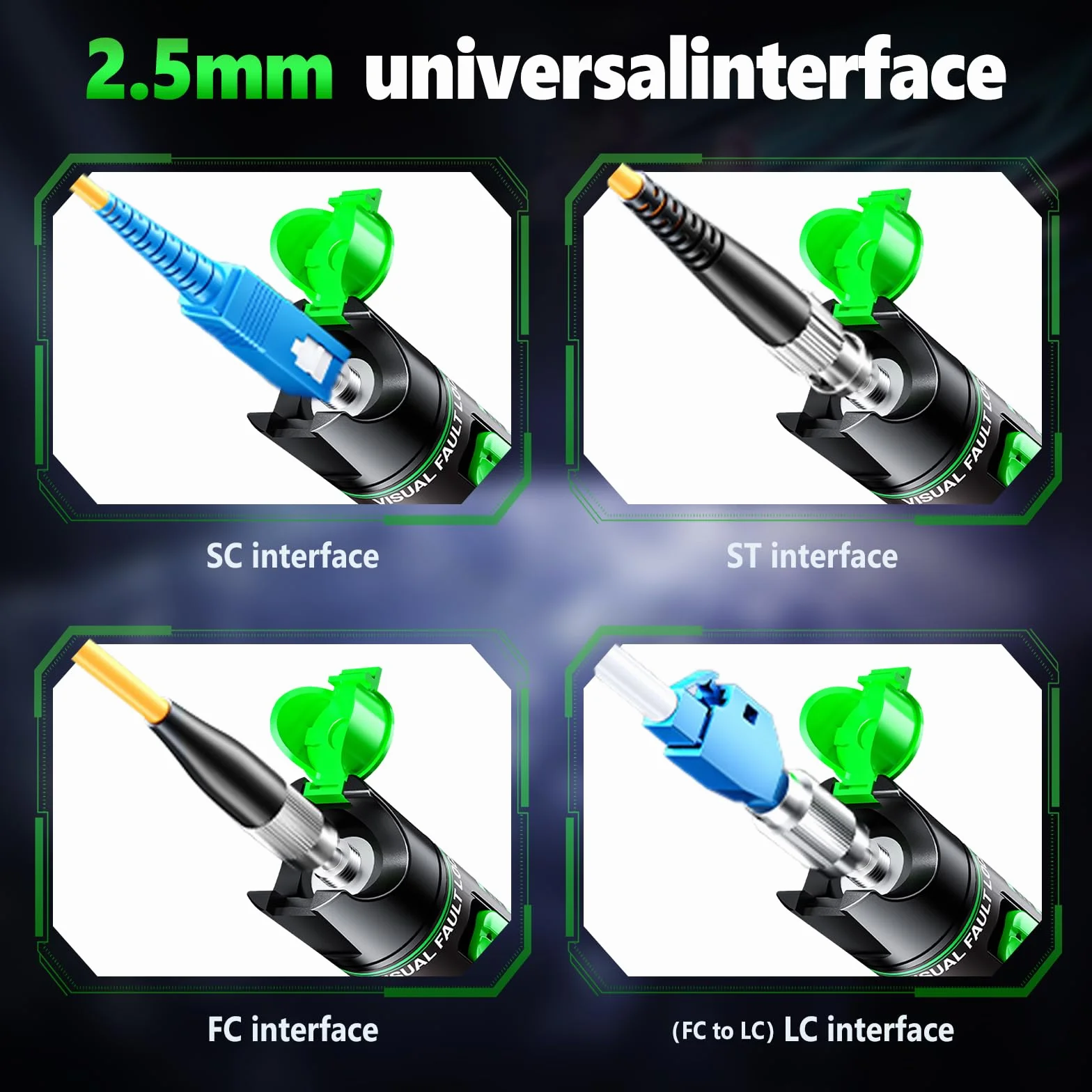 30 mW Visual Fault Locator ricaricabile con spina universale da 2,5 mm, FC/SC/SF, adattatore FC a presa LC, 30-50 km VFL penna a luce rossa cavo in fibra ottica tester metro