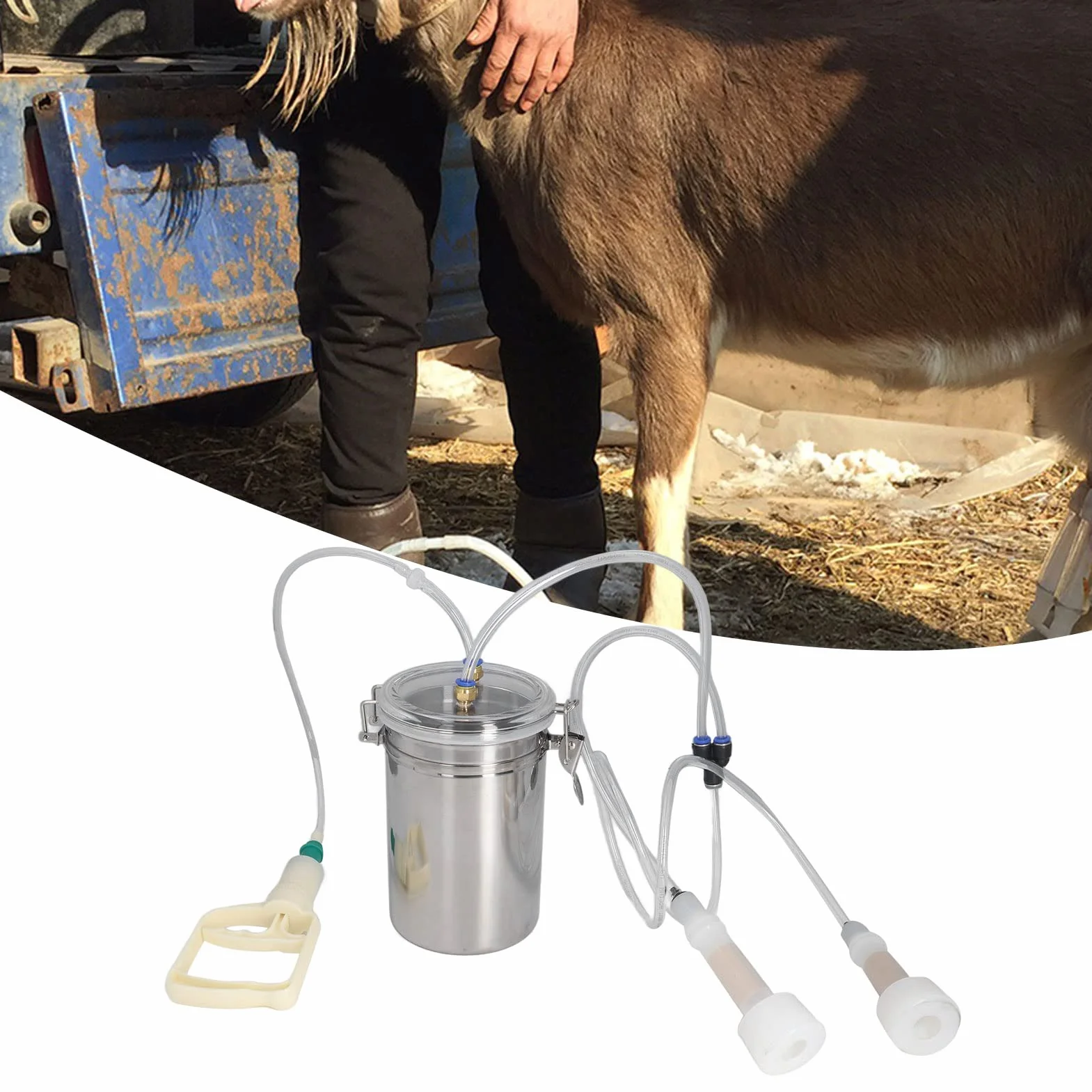 Mungitrice per Capre, Mungitrice Manuale per Bottiglia in Acciaio Inossidabile da 2 Litri, Controllo Risparmio di Sforzo Forniture per Mungitura Portatile per Capre con Coperchio Trasparente, per Fatt