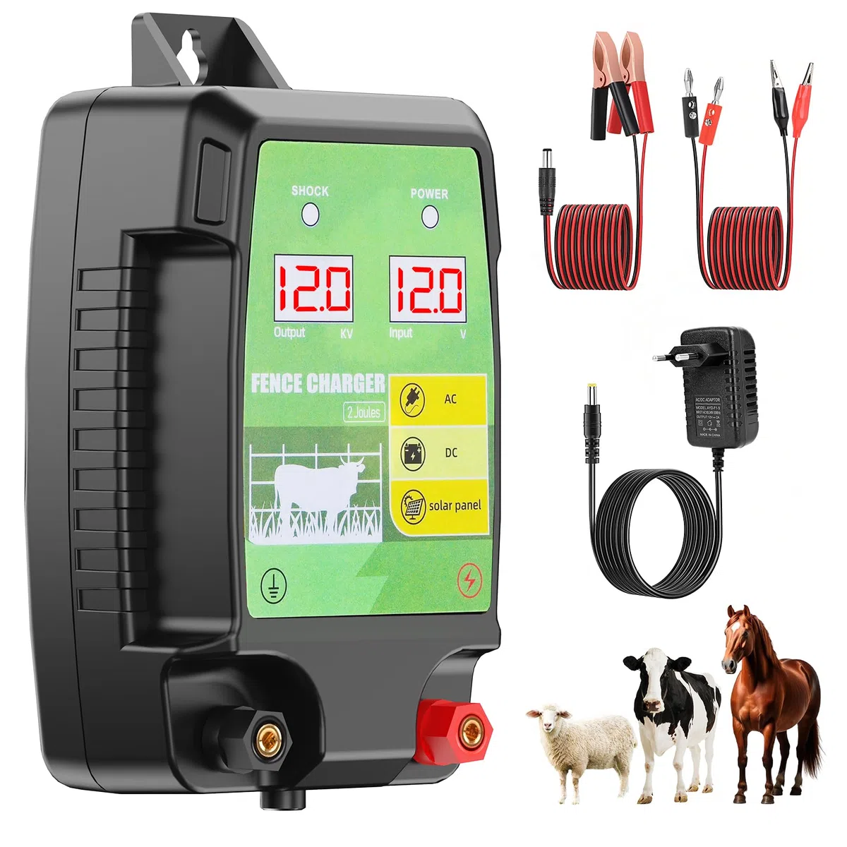 12KM Elettrificatore per Recinzione Elettrica, 12 kV 3,0 J Tensione di Uscita Recinto Elettrico per Animali con Schermo LCD, Protezione per Cavalli, Pecore, Pascoli e Fattorie (Nero e verde)