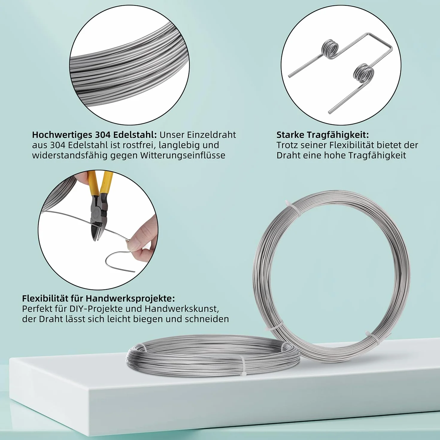 Filo in acciaio inox 304 da 50 m, filo in acciaio inox 304, Ø 1,5 mm, argento acciaio inox, filo duro, filo dritto, filo per fai da te, cablaggio da giardino