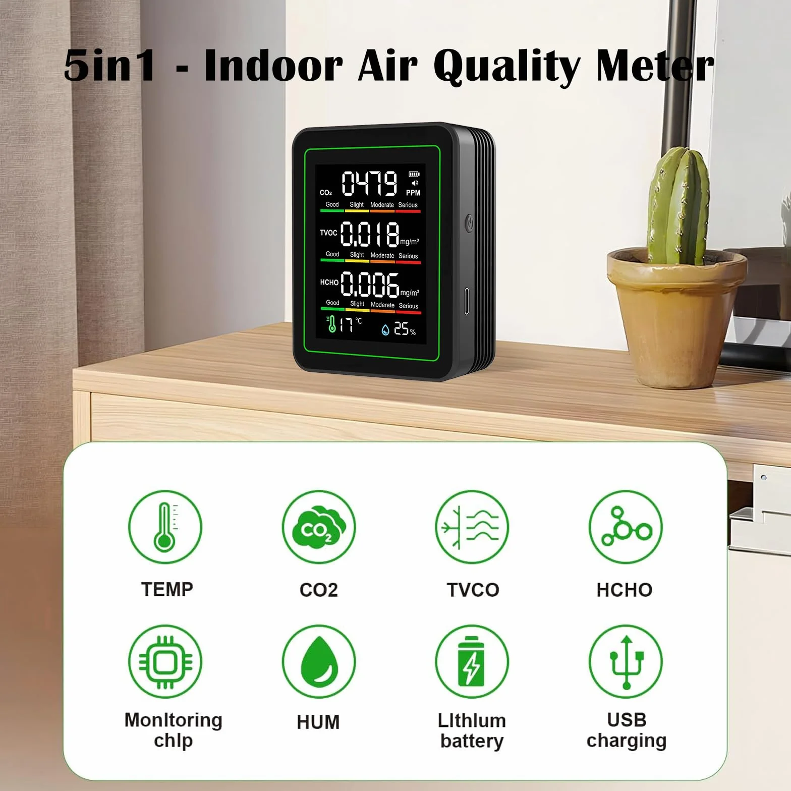Tester professionale 5 in 1 qualità dell'aria interna, monitor CO2 con rilevamento TVOC formaldeide, misuratore temperatura umidità portatile