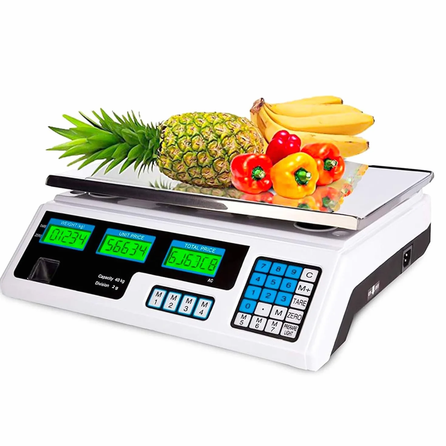 Bilancia Elettronica Digitale Professionale 40 kg Acciaio Inox Precisione 2 g Triplo Display Tara Zero Memorie Prezzo Elettrica Batteria 34 x 33 x 11.3 cm Nero
