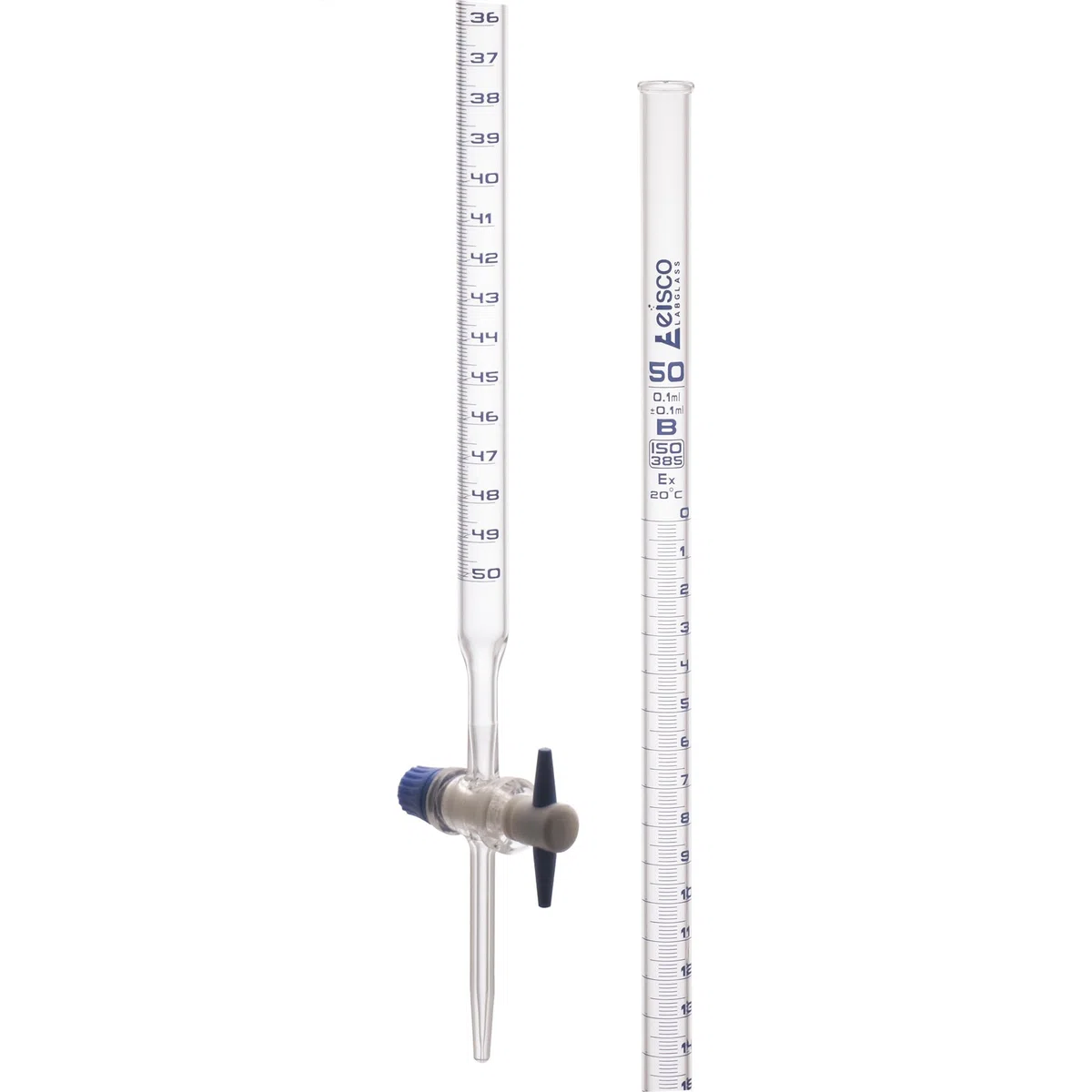 EISCO Burette in vetro borosilicato con rubinetto di arresto PTFE, capacità 50 ml, graduazione 0,10 ml, classe B