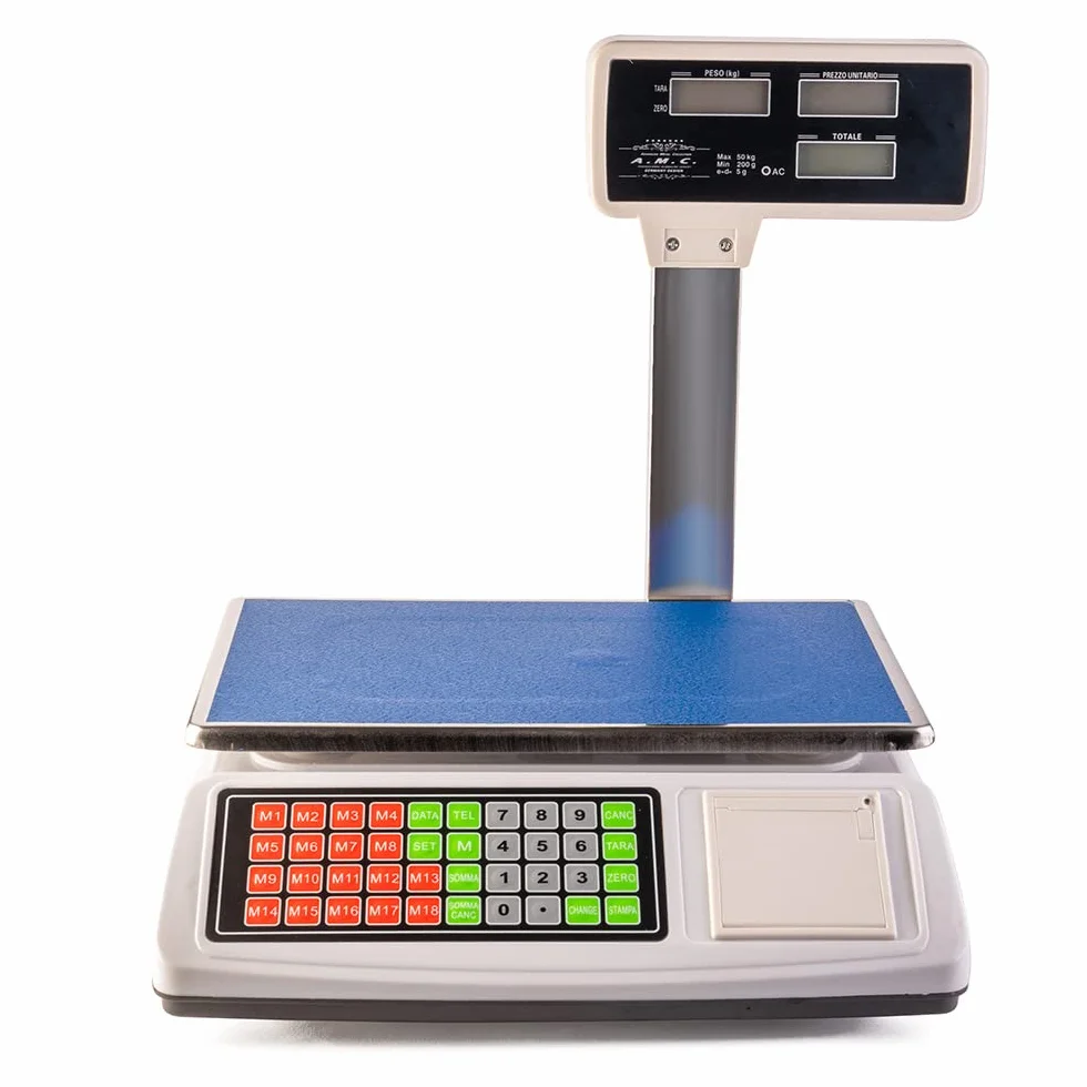AMC Bilancia elettronica digitale con scontrino professionale 18 tasti di memoria piatto in acciaio inox, 6 lcd per misurazione prezzo unitario, totale e peso portata massima 50kg