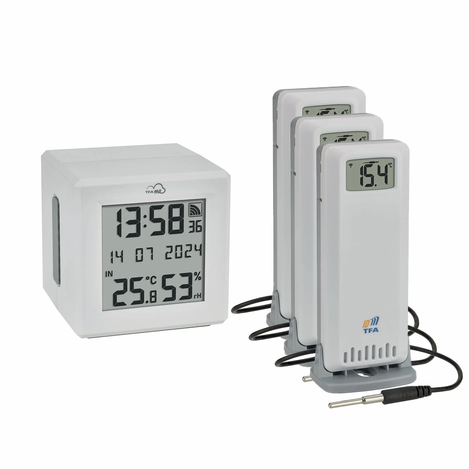 TFA Dostmann WIFI Gateway TFA.me ID-01 e 3 Trasmettitori Temperatura, 35.8104, per Trasmettitori TFA ID, incl. Portale Online TFA.me, Indicazione Temperatura e Umidità Interna, Controllo Clima, Bianco
