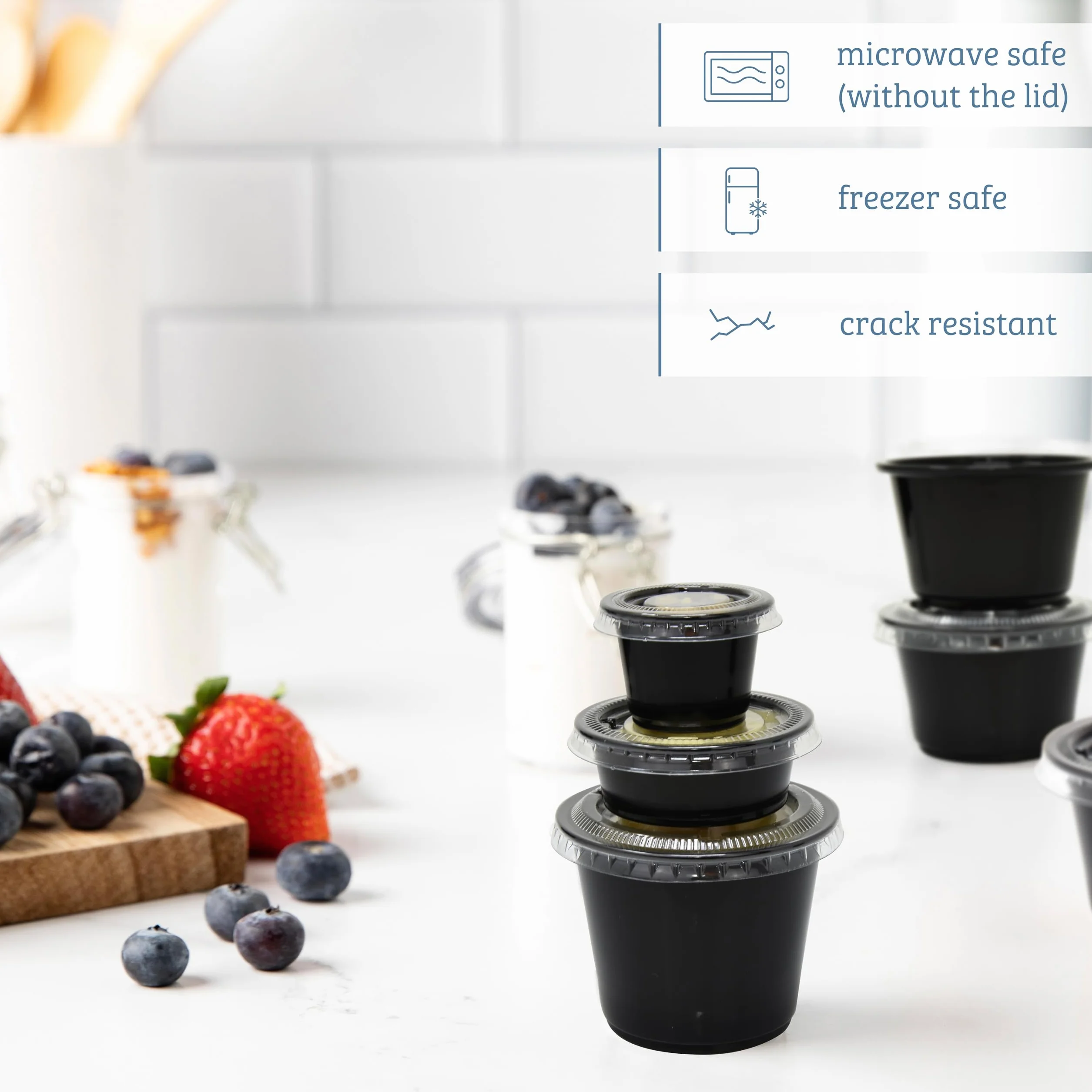 Set da 100 bicchierini da 92 ml, contenitori per condimenti in plastica nera con coperchio