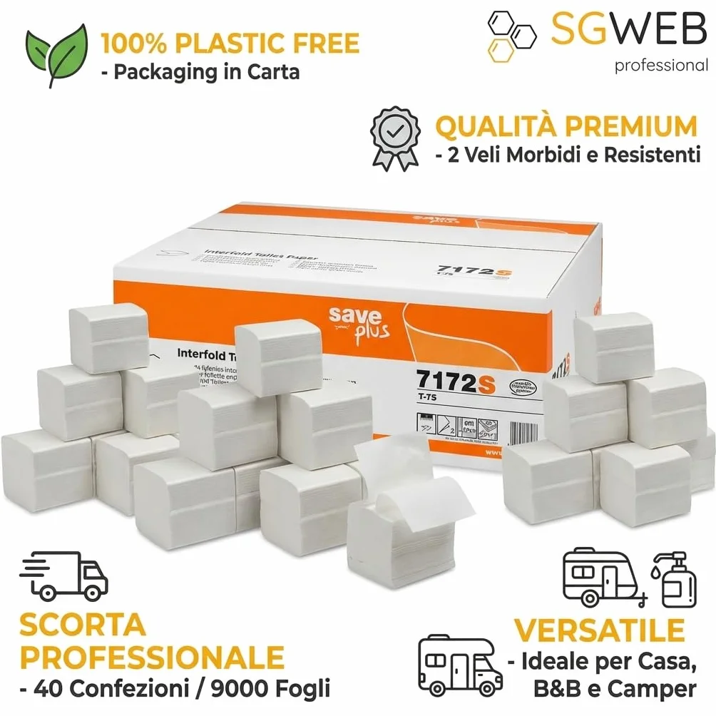Carta Igienica Interfogliata 9000 Pezzi 2 Veli Pura Cellulosa per Dispenser Idrosolubile Eco-Friendly