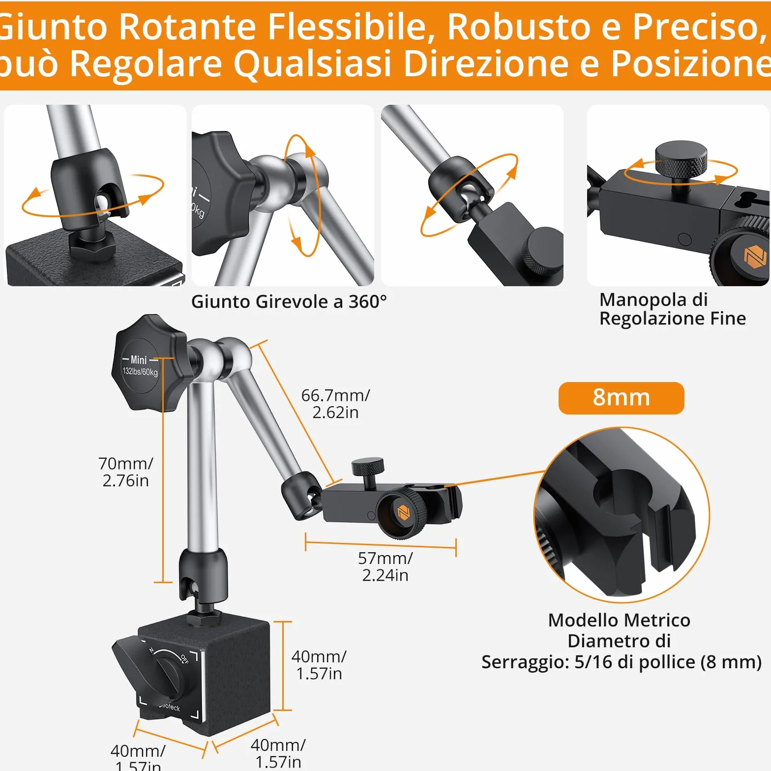Neoteck Base Magnetica per Comparator 132lbs/60 kg con 8mm Foro per Indicator Magnetico Base Supporto Del Basamento 3 Braccio Regolabili con ON/OFF Interruttore per Indicatore di Comparatore