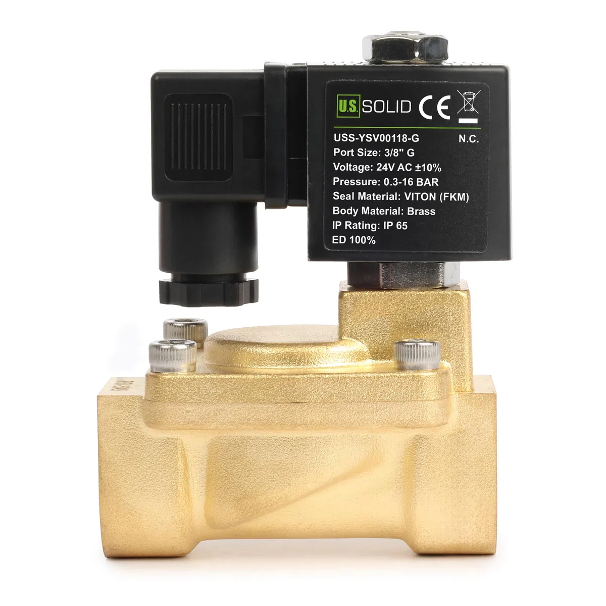 U.S. Solid Elettrovalvola a solenoide in ottone 3/8" G – 24V AC, 0,3–16 bar, normalmente chiusa, guarnizione VITON, funzionamento pilotato