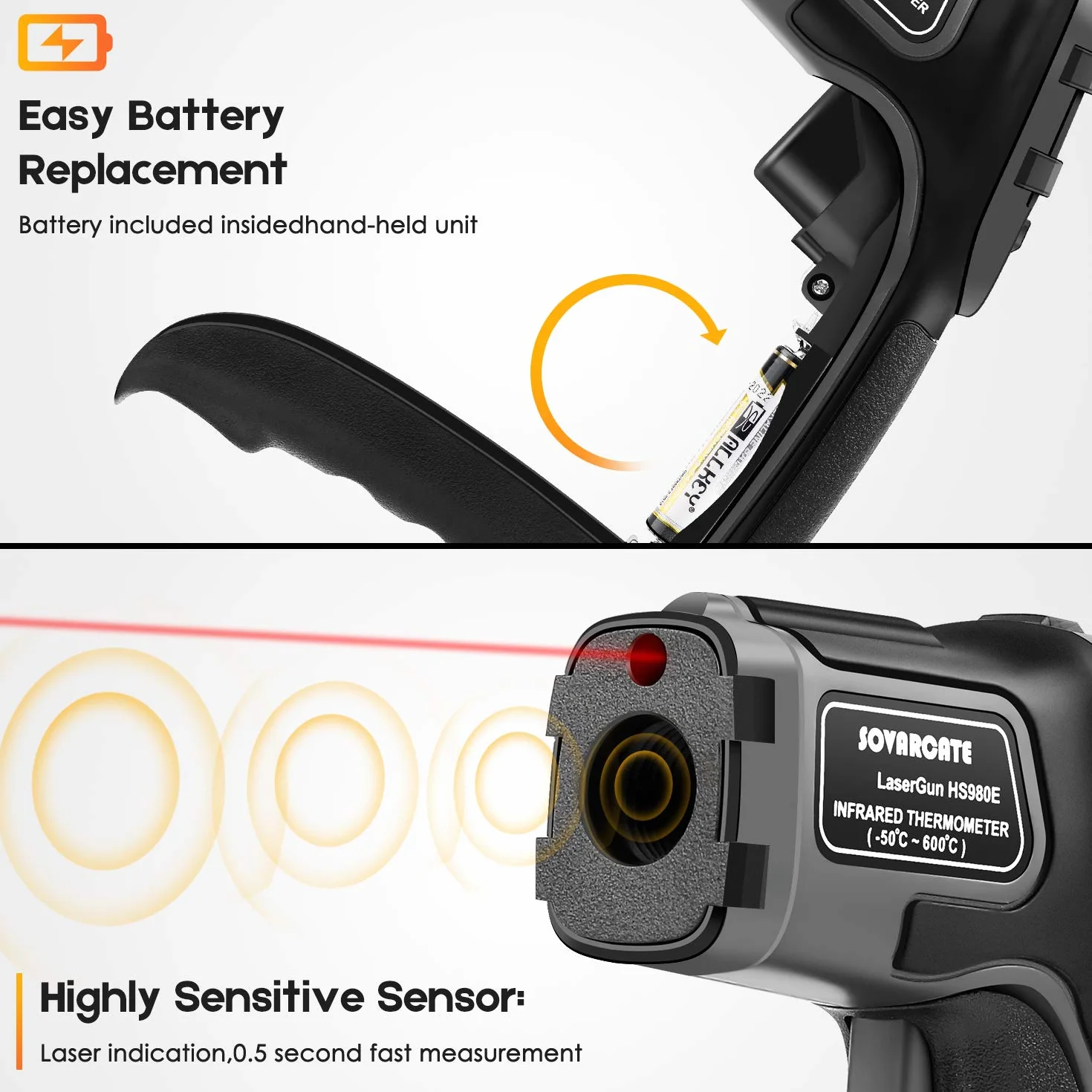 Termometro Infrarossi SOVARCATE Laser Digitale IR Temperatura Pistola -58°F~1112°F Allarme Alta e Bassa Temperatura
