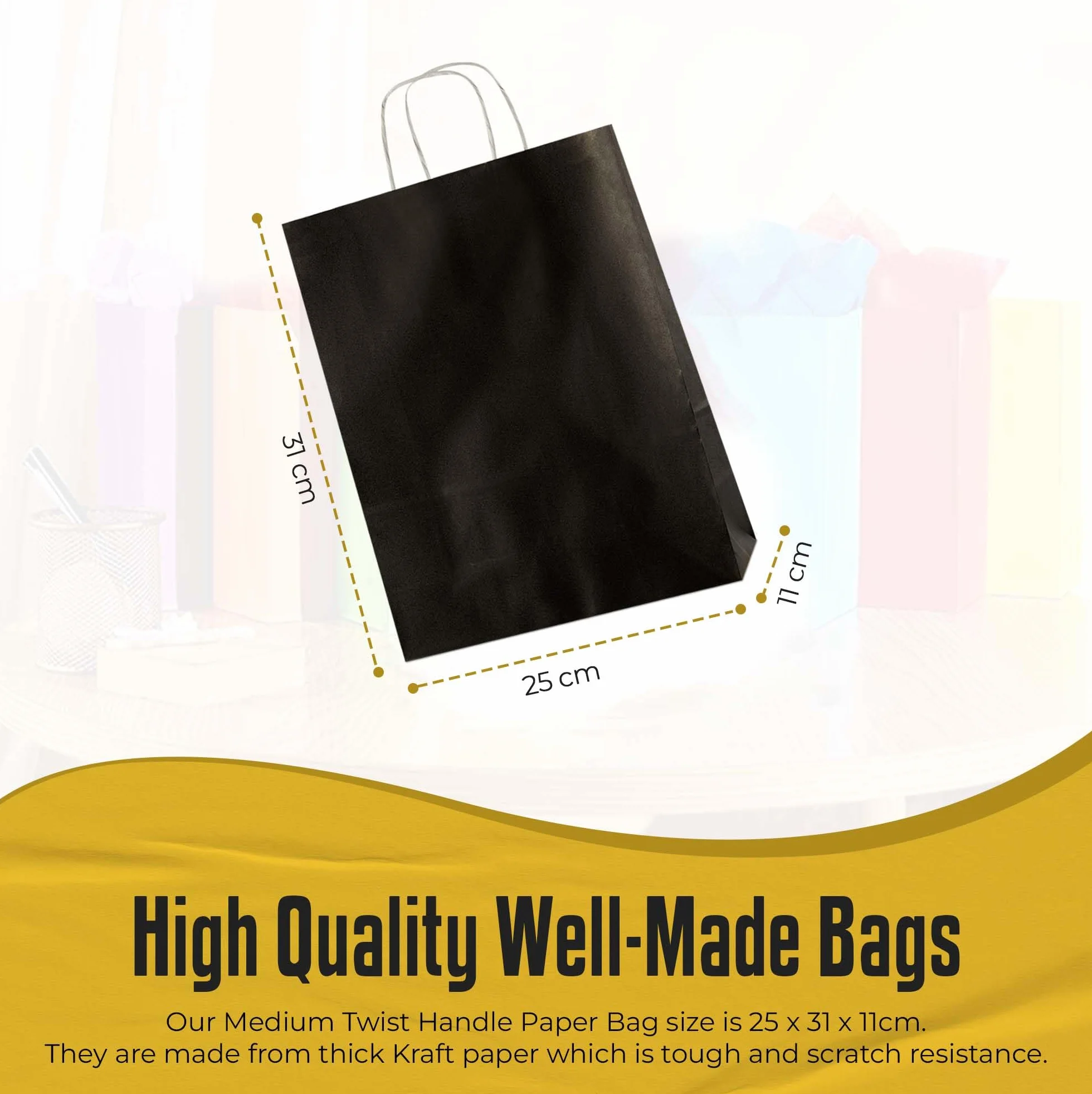 Thepaperbagstore 50 Sacchetti di Carta Colorata con Manici Intrecciati, Nero Medi 250x110x310mm