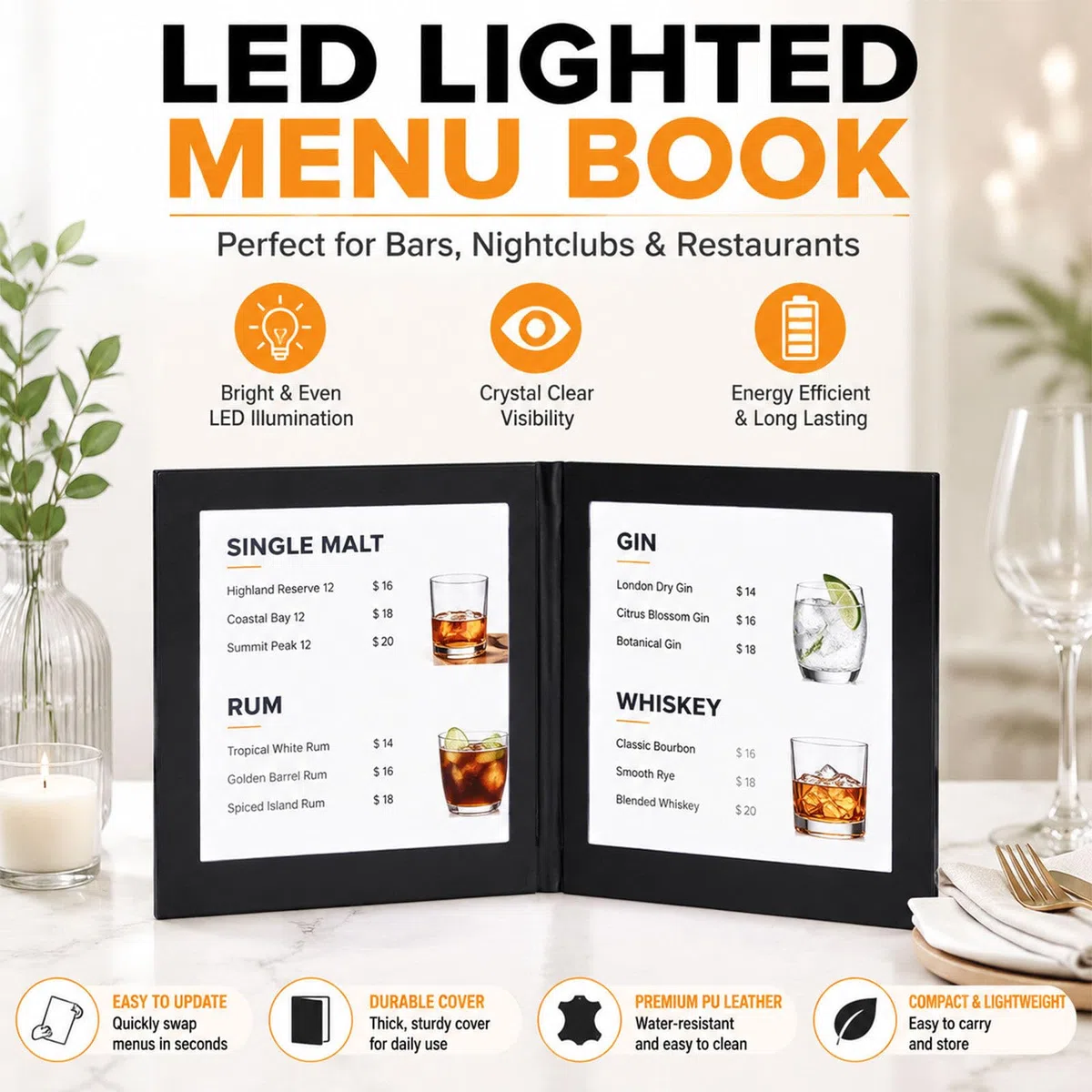 Soporte Menú LED A4 Cuatro Caras, Porta Carta Luminoso Recargable para Negocios de Hostelería A4FourSide2Pack