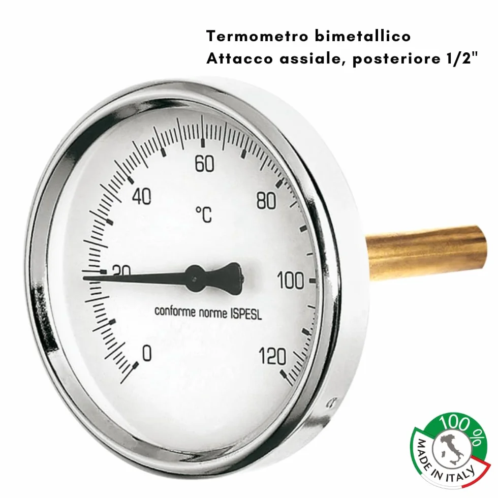 Termometro Bimetallico con Guaina Cassa inox Attacco Posteriore Assiale ad Immersione 1/2" Scala 0-120 °C Cassa 63 mm