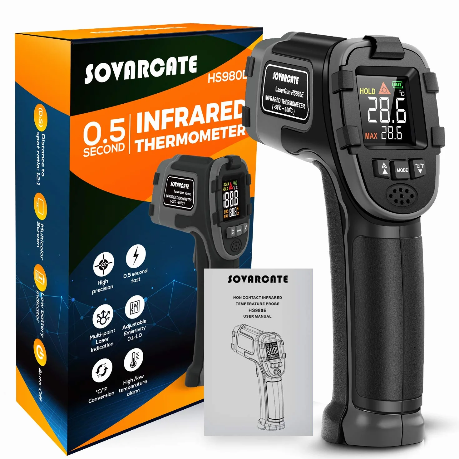 Termometro Infrarossi SOVARCATE Laser Digitale IR Temperatura Pistola -58°F~1112°F Allarme Alta e Bassa Temperatura