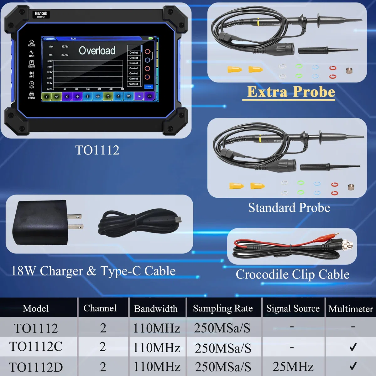 Hantek Oscilloscopio per tablet, 110 MHz, larghezza di banda 250 MSa/S, 8 m, profondità di archiviazione con touch screen da 7 pollici (TO1112/110 MHz+2 canali)
