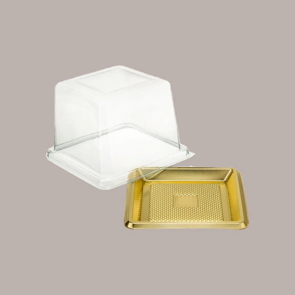 Lucgel Mini Vassoio Quadrato Oro Medorino Monoporzione Finger Food 95x95mm con Coperchio Trasparente H 70 mm 100 pezzi