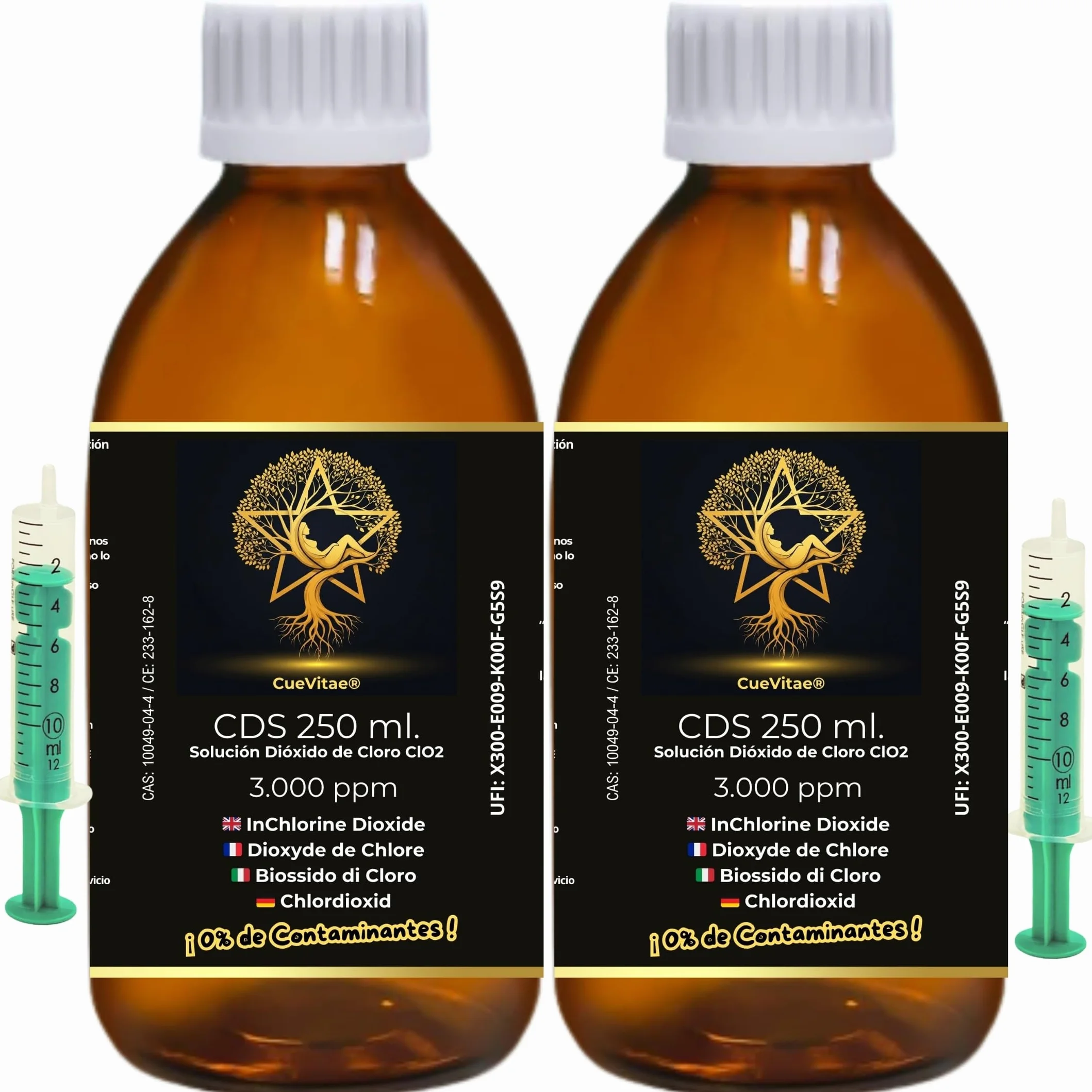 2 x CDS 250 ml. CueVitae | 3000 ppm | Cristallo Ambra + Siringa Sterile 10 ml | Soluzione Attivata 0,3% in Acqua Ultrapura | Autorizzato per Disinfezione Acqua di Consumo Umano.