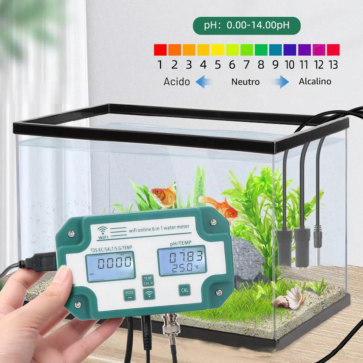 Misuratore di Qualità Dell'acqua Ad Alta Precisione 6 in 1 PH TDS EC SG Tester di Temperatura del Sale Connessione WiFi Rilevatore di Qualità Dell'acqua per Acqua Potabile(Spina UE)