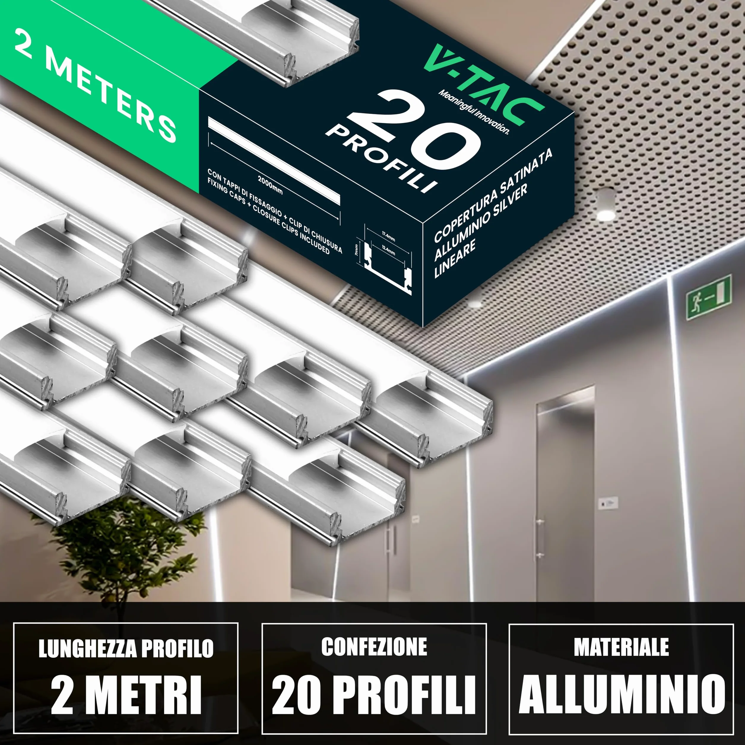 V-TAC 10x Profili per Strisce Led da 2 METRI Rettangolari in Alluminio - (20 Metri Totali) - Profili per Strisce LED Copertura Opaca - Ingombro max Striscia Led 12,4 mm - Dimensioni 17,4 x 7 mm