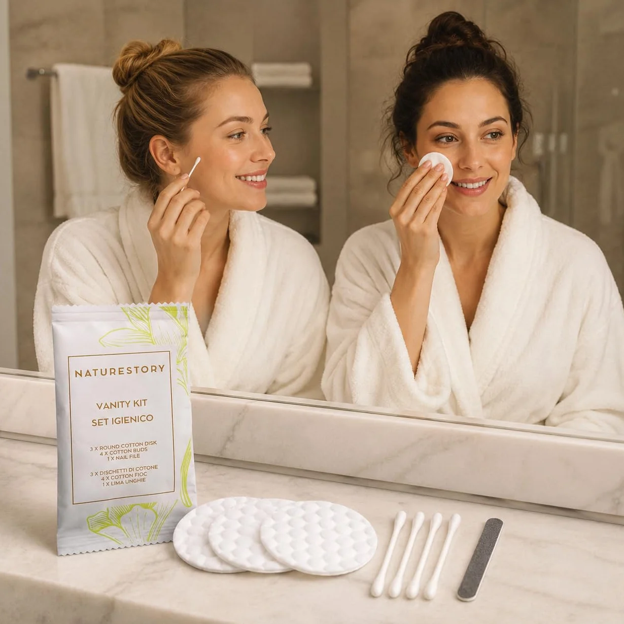 50 Vanity Kit Monouso Ospiti Hotel B&B – Set Cortesia con Dischetti Struccanti, Cotton Fioc e Lima Unghie – Kit Igiene Personale Sigillato, Elegante e Pronto all’Uso per Spa e Case Vacanza