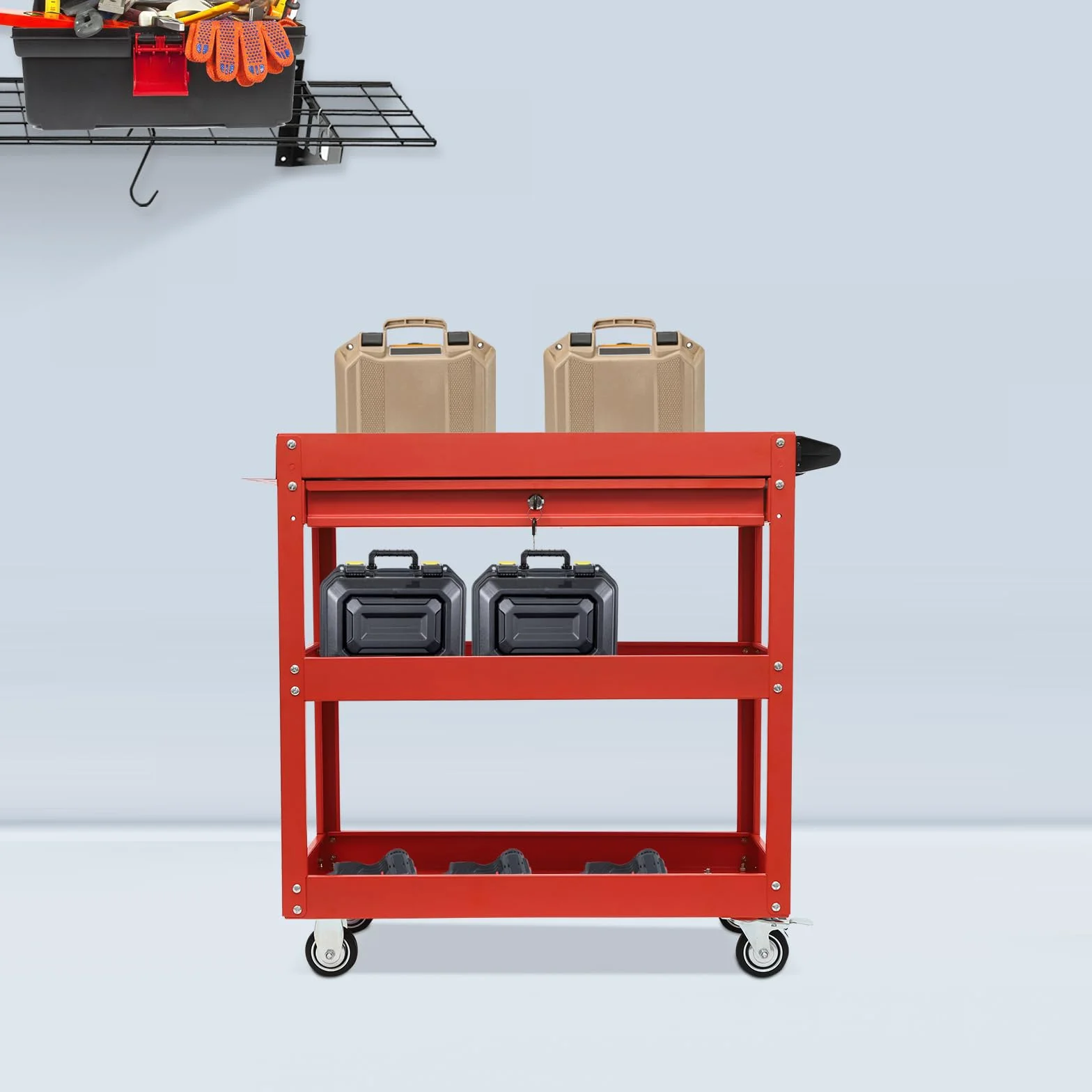 Carrello da officina con 3 ripiani, portata fino a 150 kg | Carrello da officina con ruote, carrello di trasporto con cassetto, per attrezzi garage officina