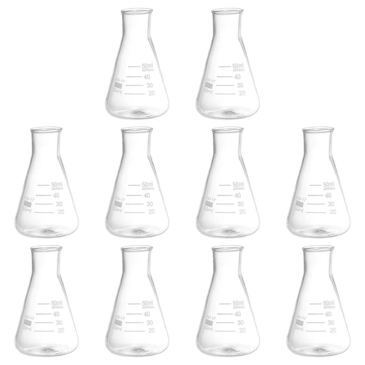 PATIKIL Ampolla Erlenmeyer, 10pz 50ml Ampolle a Bocca Stretta in Vetro Borosilicato Graduazione Stampata Laboratorio, Sperimentazione, Chimica, Studio Scientifico