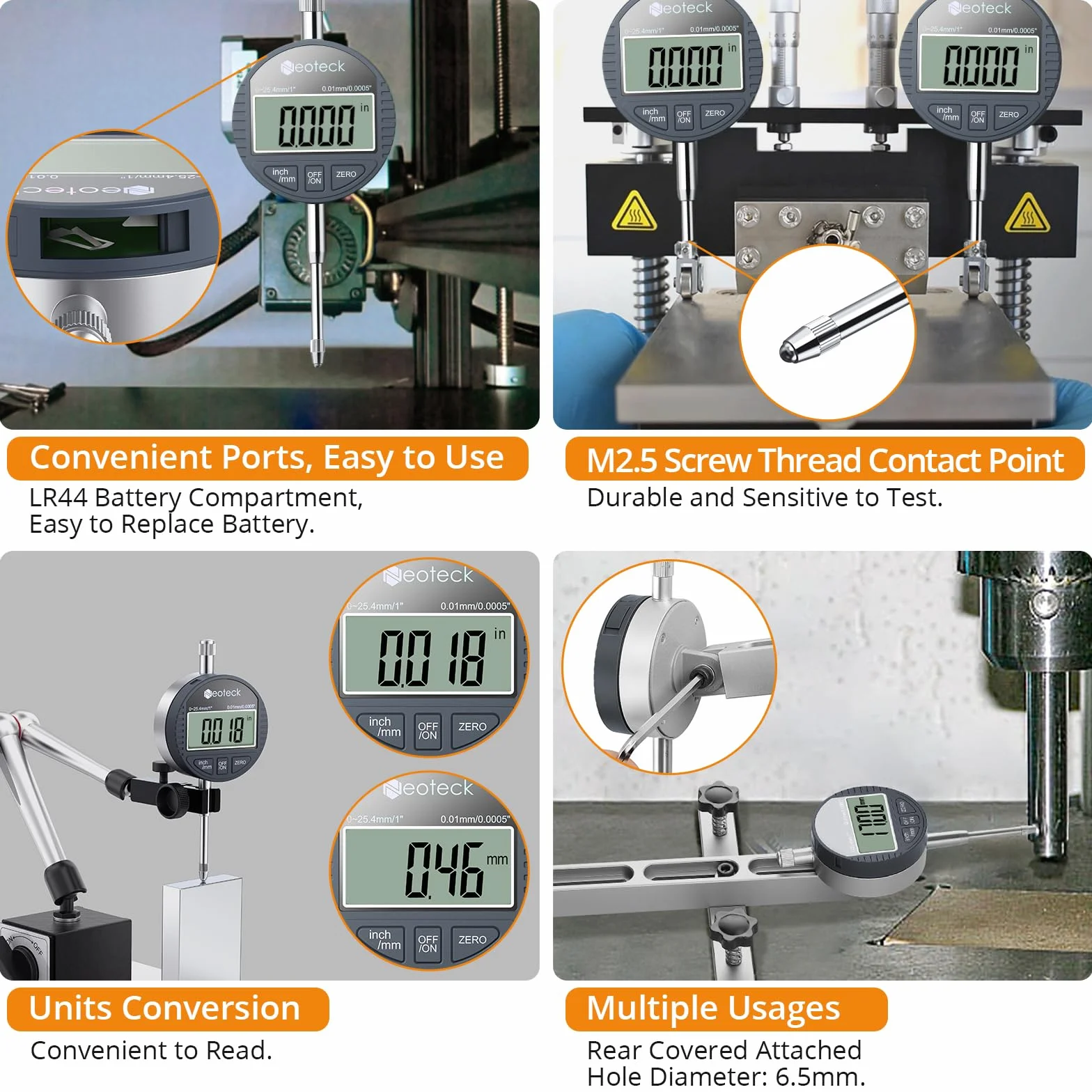 Neoteck DTI LCD Comparatore Centesimale Digitale 0.01/0.0005'' Indicatore Digitale Calibro di Precisione 0-25.4mm/1'' Comparatore Elettronico Pollice/Metrica Professionale
