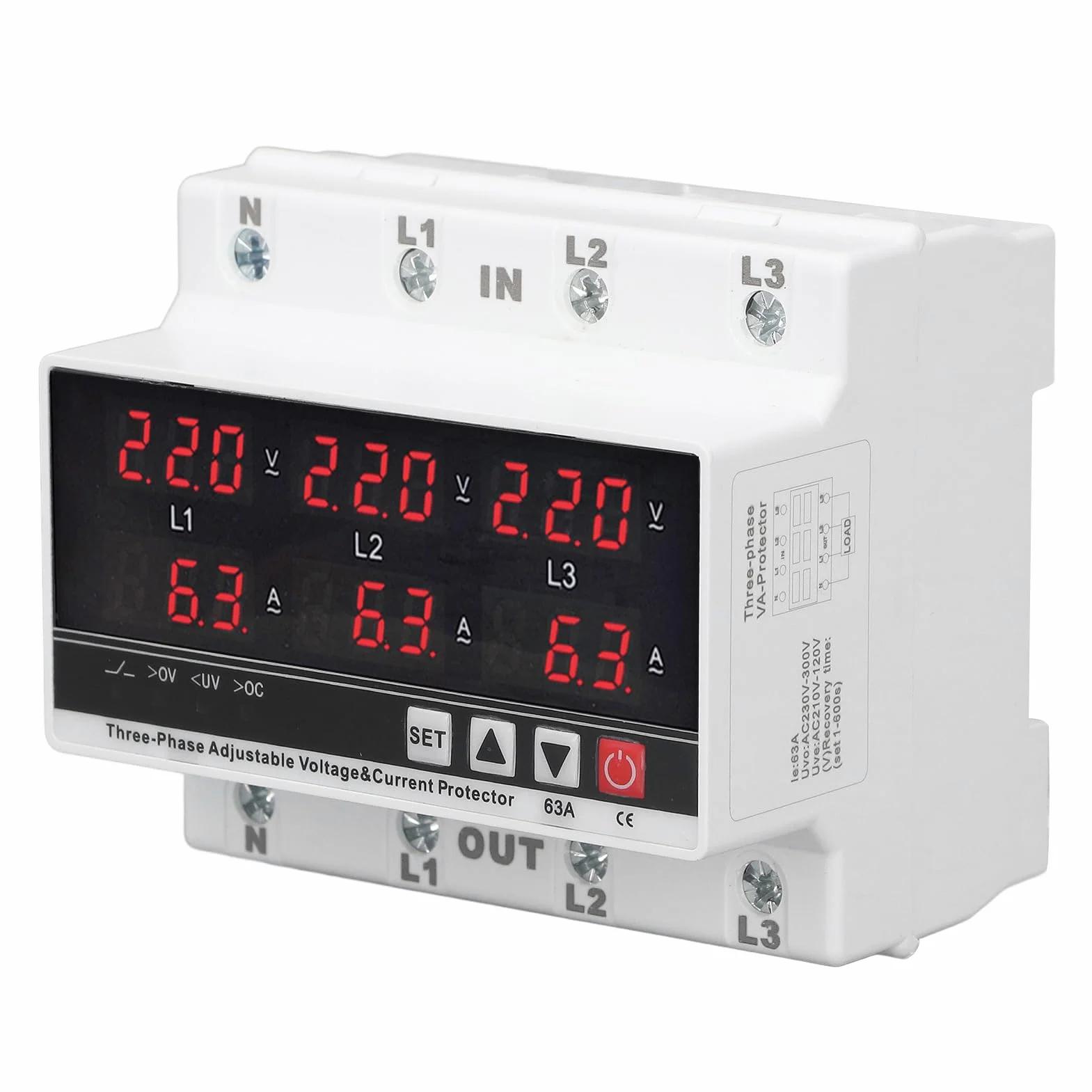 Protezione da Sottotensione Voltmetro Trifase Amperometro Relè di Protezione da Sottotensione Protezione da Sovracorrente Regolabile AC120V‑300V 63A
