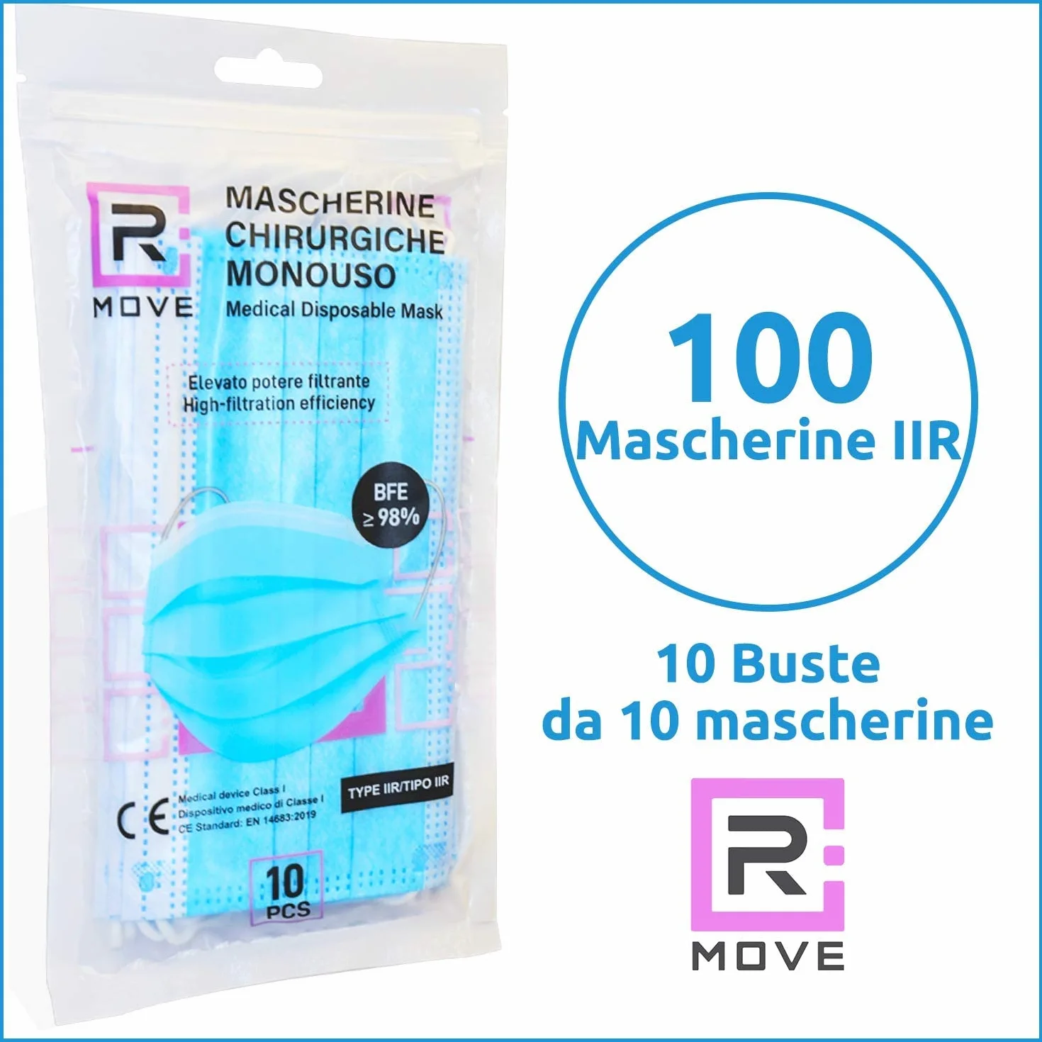 Mascherine chirurgiche IIR BFE ≥98% CE Dispositivo Medico classe I 100 pezzi confezioni richiudibili