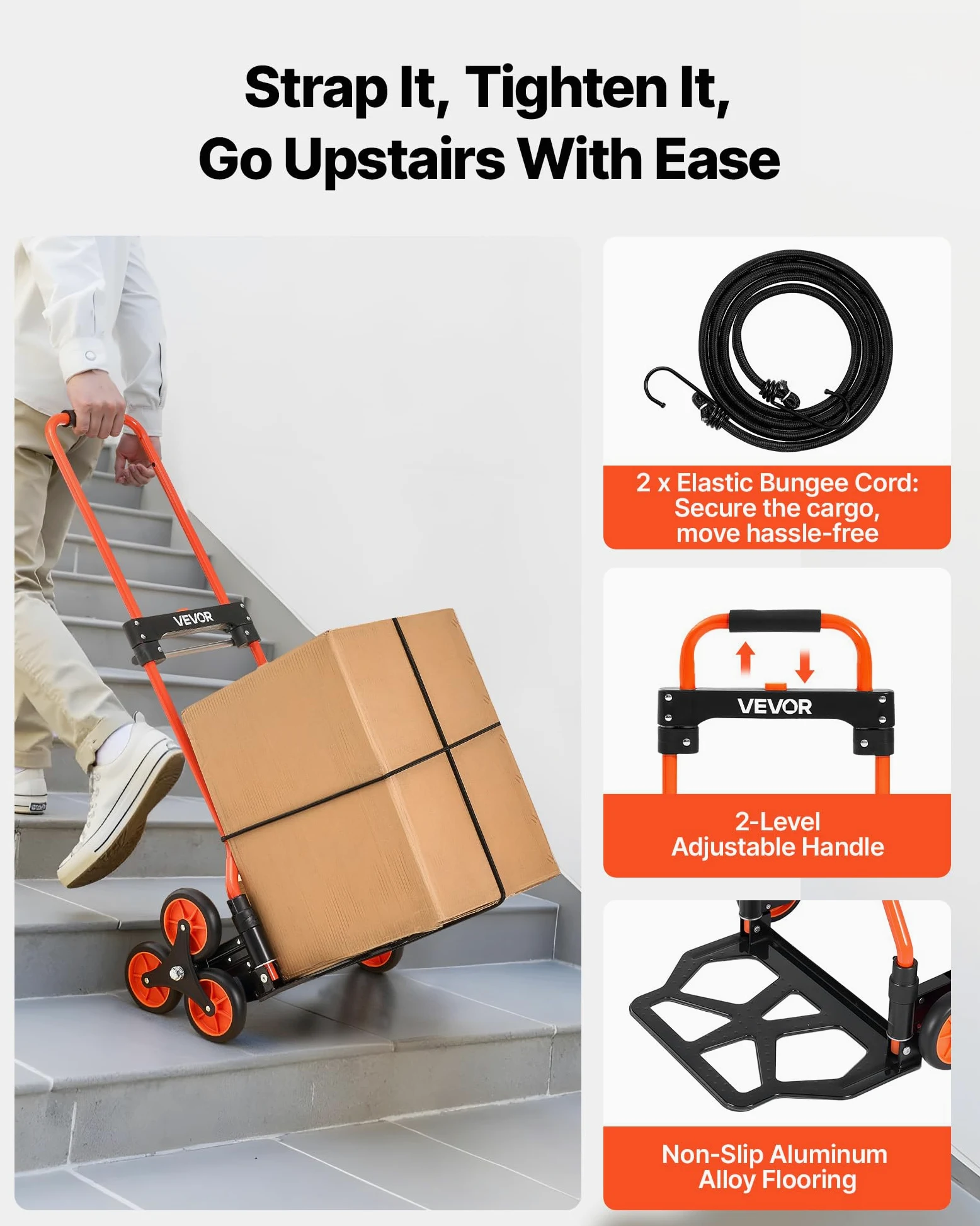 VEVOR Carrello Portapacchi per Scale Capacità di Salita Scale 54 kg, Carrello Pieghevole Portatile con Maniglia Telescopica, 6 Ruote e 2 Corde Elastiche, per Casa, Generi Alimentari, Magazzino