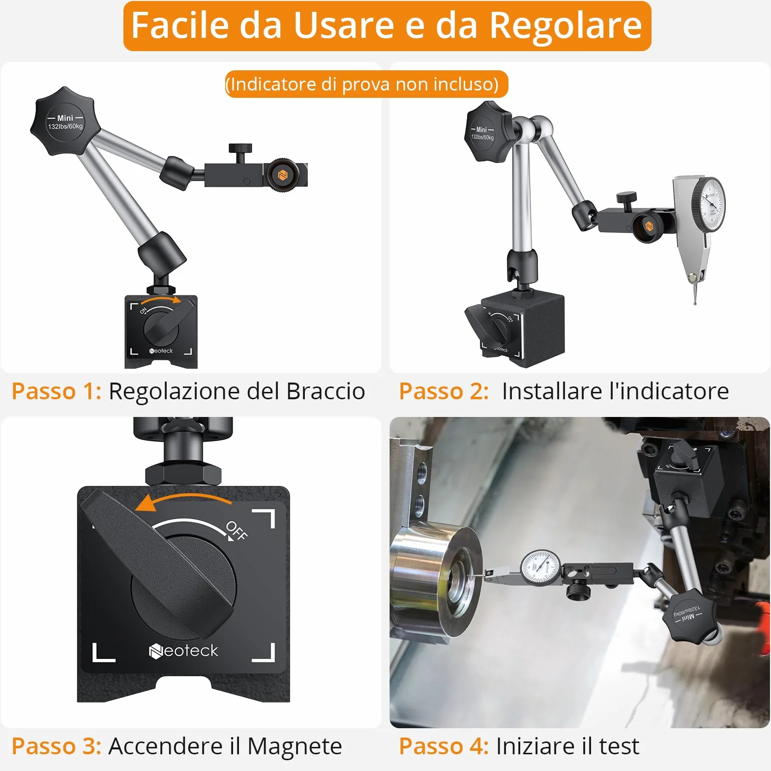 Neoteck Base Magnetica per Comparator 132lbs/60 kg con 8mm Foro per Indicator Magnetico Base Supporto Del Basamento 3 Braccio Regolabili con ON/OFF Interruttore per Indicatore di Comparatore