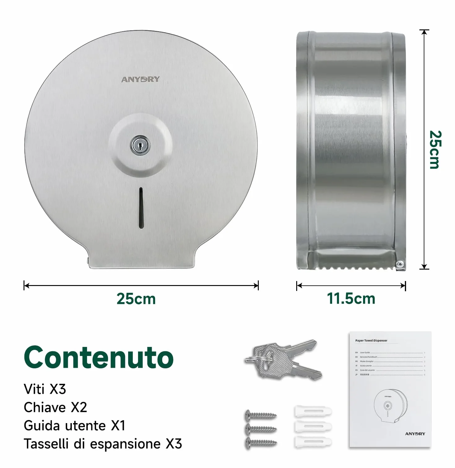 AnyDry 5182 Distributore per asciugamani di carta in acciaio inox commerciale a torre manuale montaggio a parete